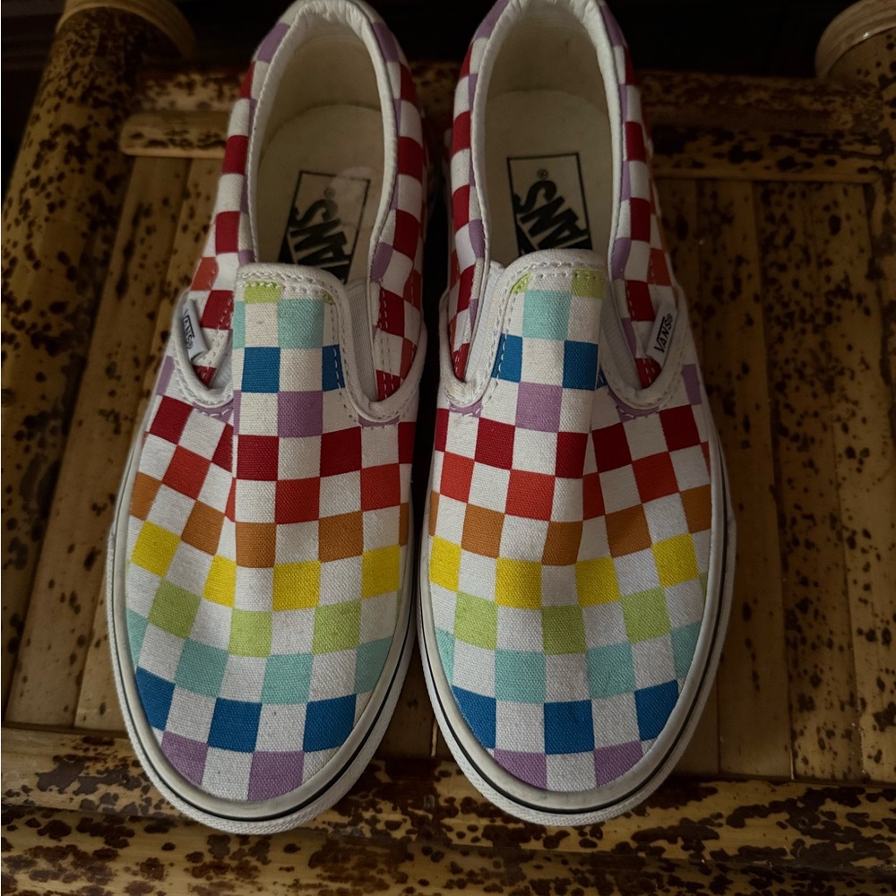 Vans women's 6 men’s 4.5 Colorful Checkered Slip-On Sneakers
